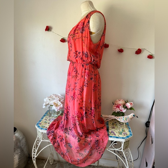 Italy 🇮🇹 Silk Pink Floral Vibrant Orange and Pink Tiered Maxi Sundress S M L - Picture 2 of 11